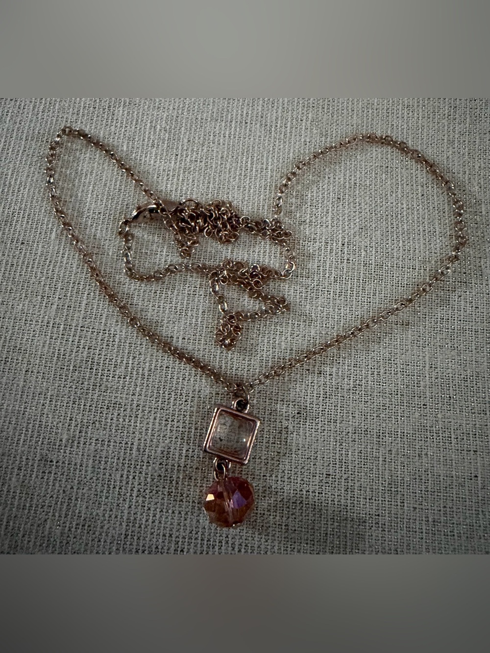Delicate Copper Tone Pendant Necklace with Pink Crystal Drop